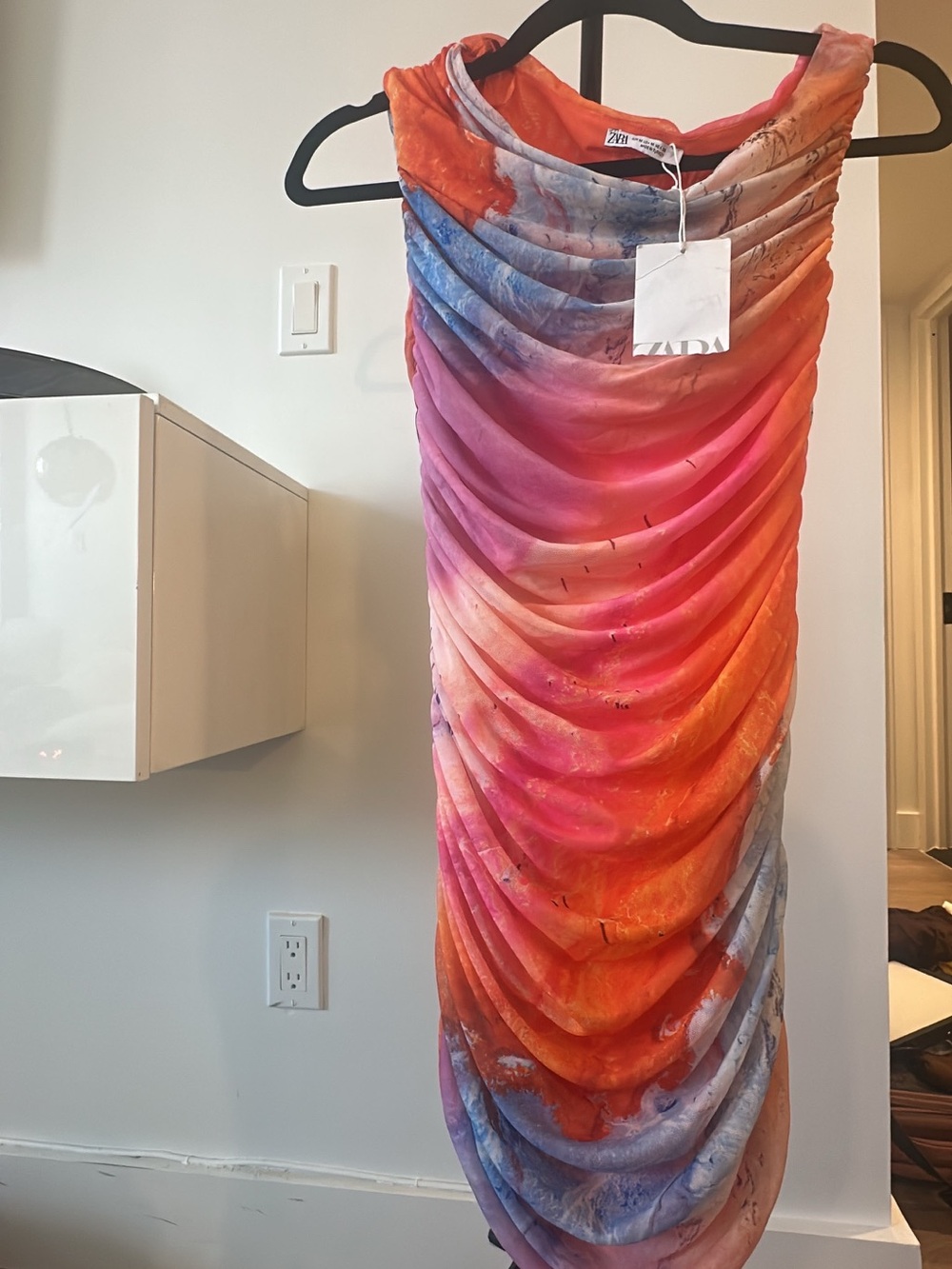 Zara Multicolor Ruched Mesh Midi Dress